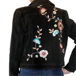 Brandon Thomas Floral Embroidered Black Suede Leather Jacket